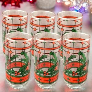 Vintage Holly Stained Glass Style Tumblers | Set of 6 Holiday Drinking Glasses